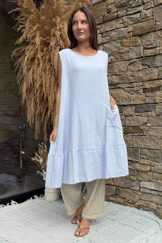 Made in Italy Pia Pillow Cotton Patch Pocket Peplum Dress Sky /26